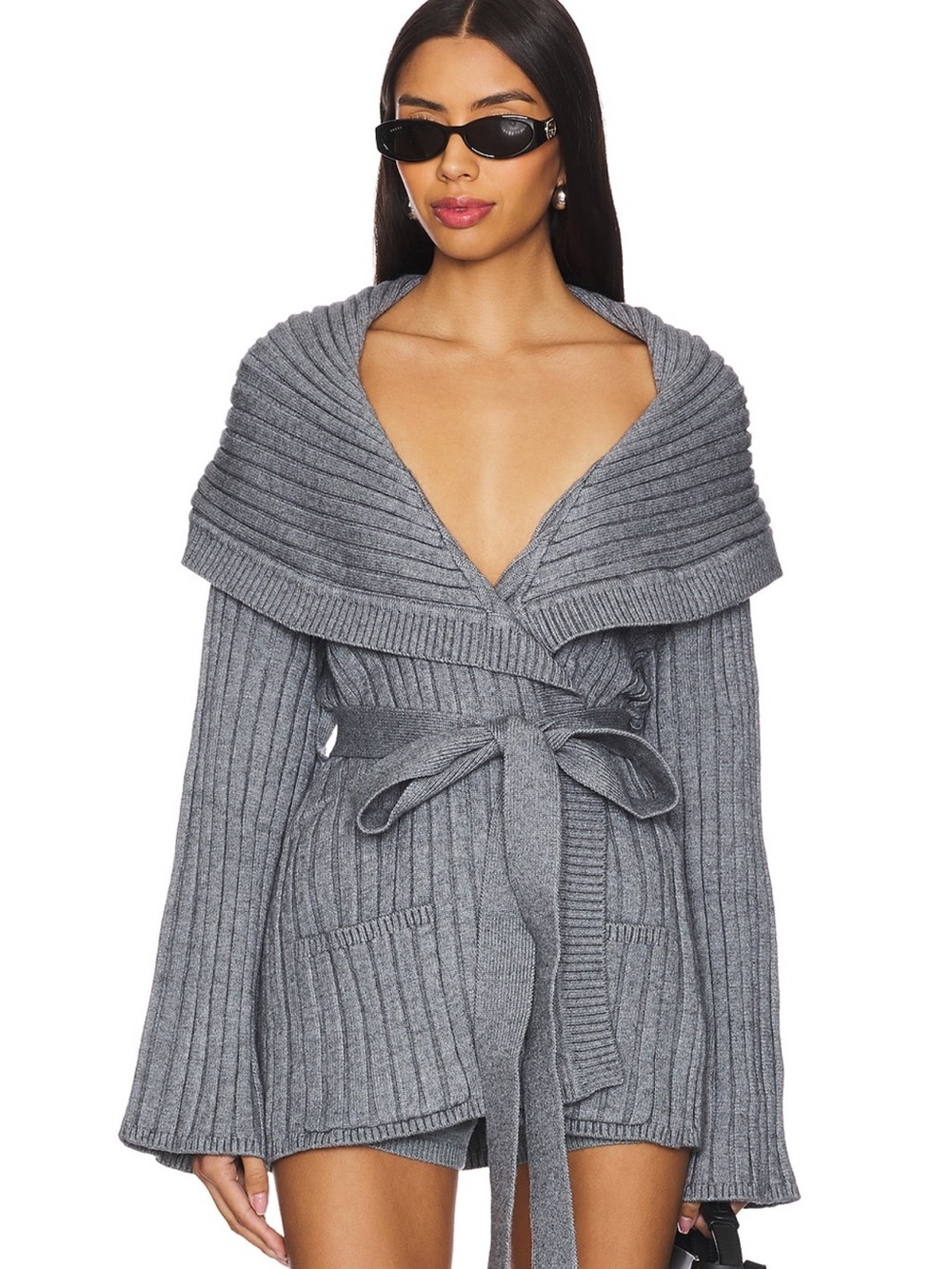 Ribbed Shawl-Collar Tie-Waist Cardigan in Grey